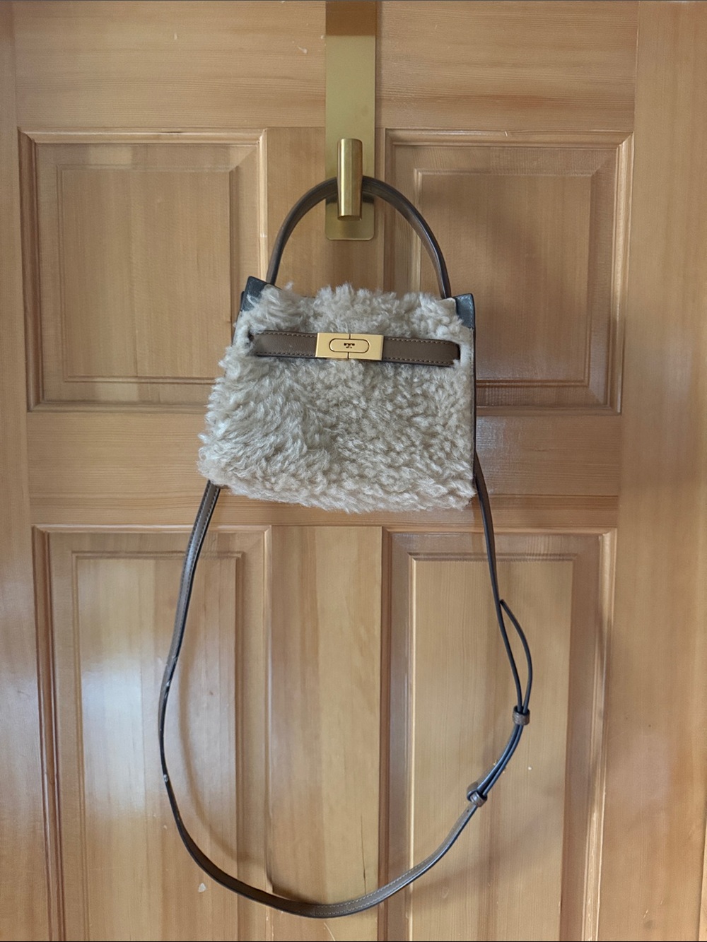 Tory Burch Lee Radziwell Petite Shearling Crossbody with Brown Leather Trim